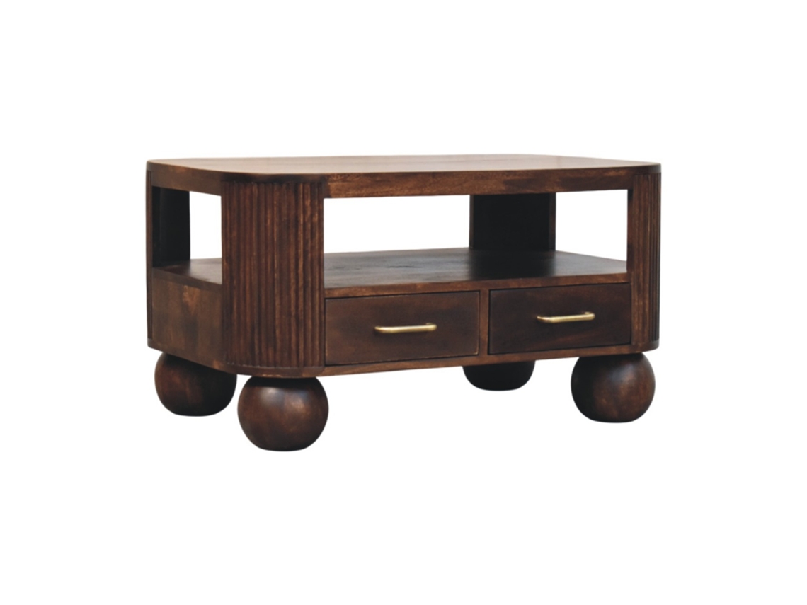 Mesa de centro de madera maciza con patas esféricas, color marrón, 2 cajones, Muebles Artisan