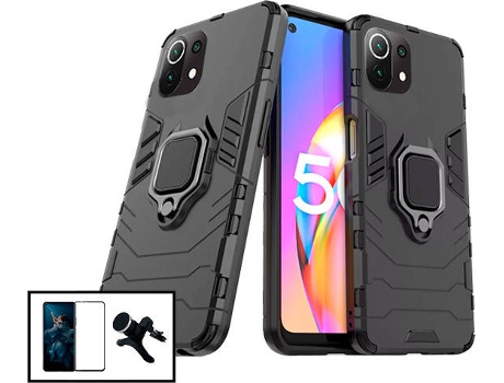 Kit Protector de Cristal Templado 5D Full Cover, Funda 3X1 Military Defender y Soporte Magnético de Coche Reforzado Xiaomi Mi 11 Pro PHONECARE Negro