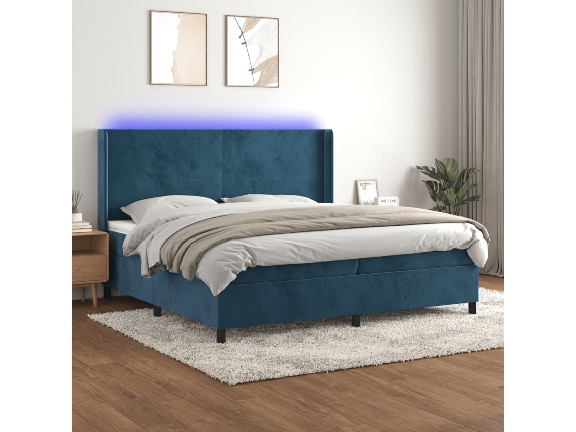 Cama Box Spring Colchón Y Led Terciopelo Azul Oscuro 200x200 Cm