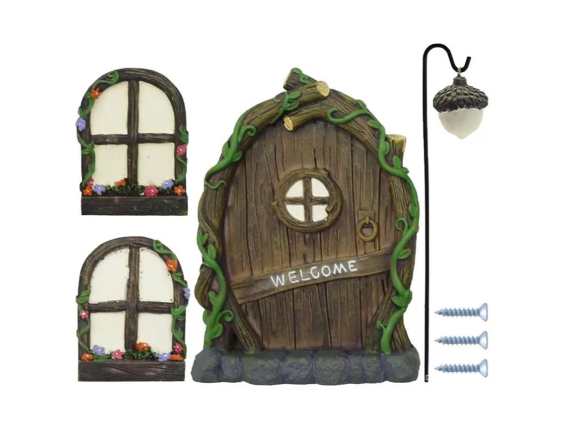 Juego de miniatura decorativa de ventana/puerta de resina brillante para patio exterior.