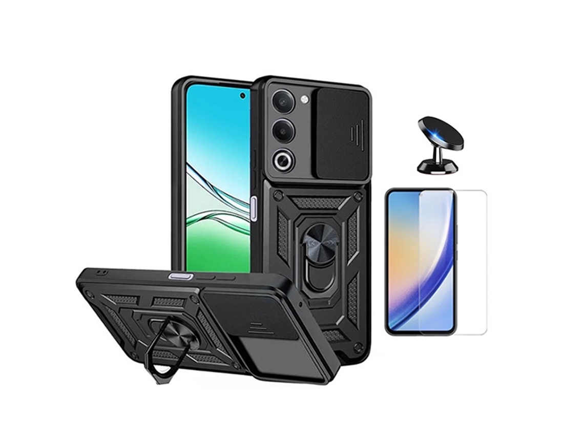 Kit Vidro Clearglass Capa Magnetic Slide Window Suporte Magnético Phonecare Para Oppo A5 4g - Preto