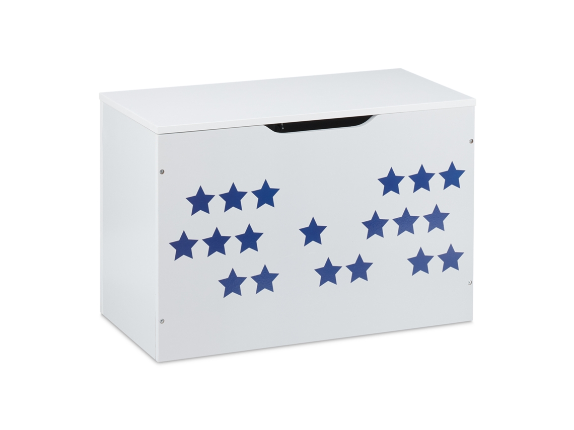 Relaxdays Caja Juguetes, Diseño Estrellas, Baúl Infantil Almacenaje Con Tapa, Arcón Niños, 40x60x30 Cm, Azul Y Blanco