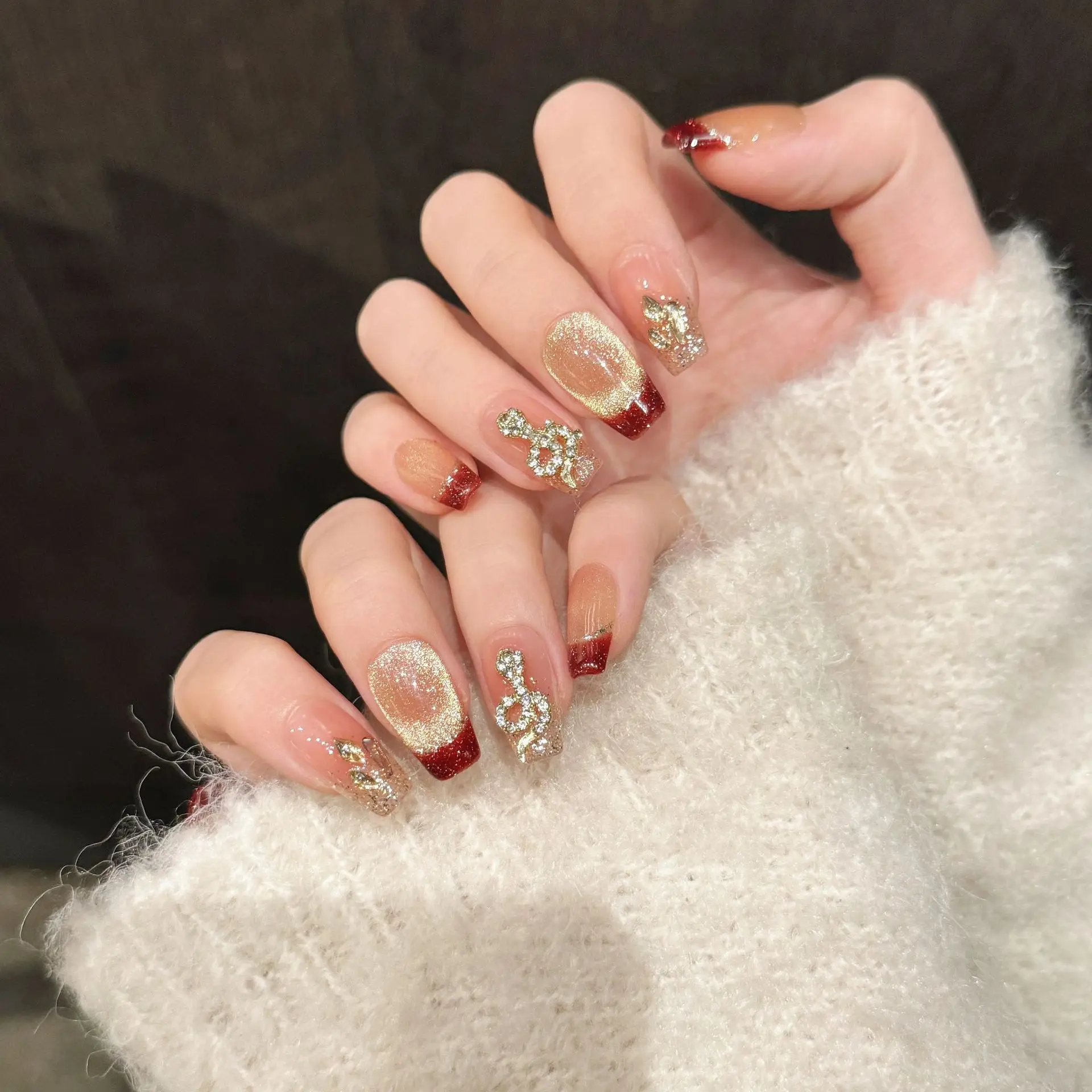 (2782-m) Uñas Postizas Hechas A Mano Con Diseño De Ojo De Gato, 10 Piezas, Pegatinas Para Uñas De Cobertura Total