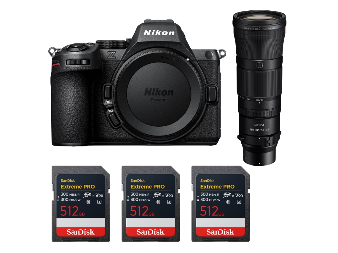 Nikon Z5 II + 180 600mm F/5.6 6.3 VR + 3 tarjetas Sandisk Extreme Pro UHS II SDXC de 512 GB + Libro electrónico “20 consejos para fotos impresionantes”