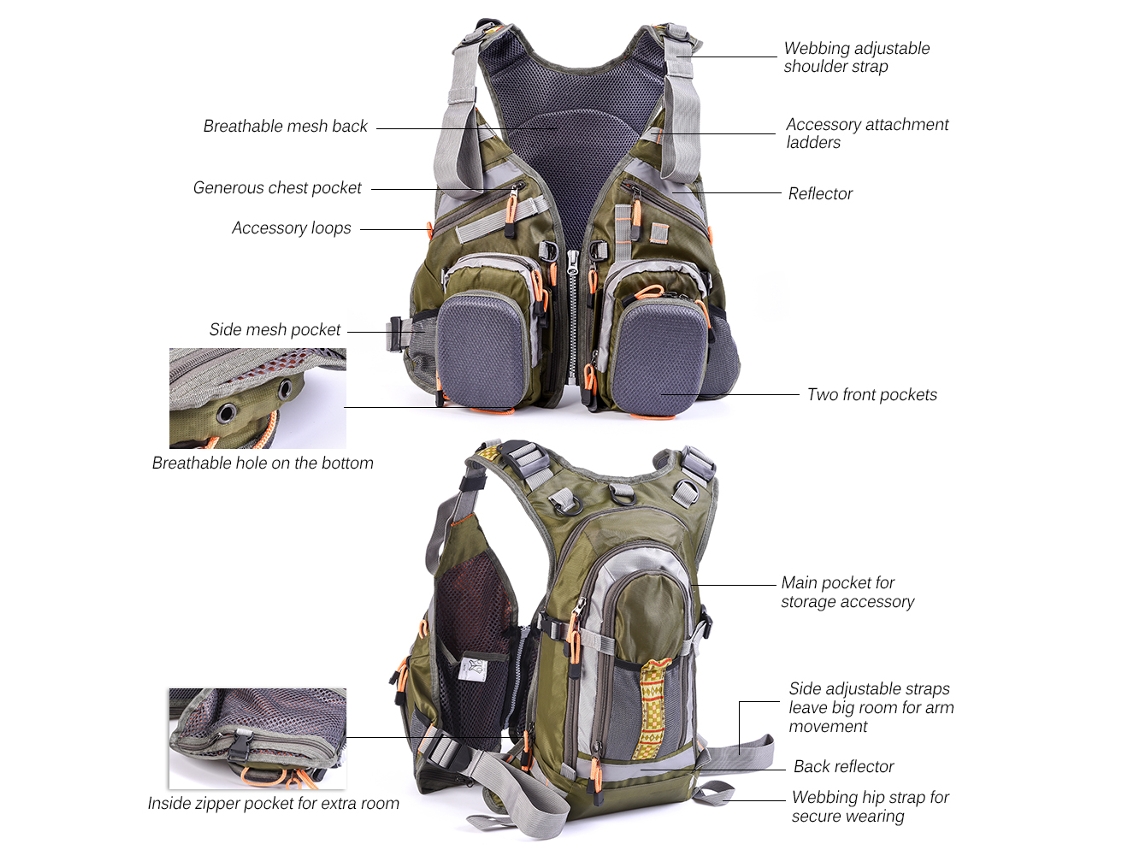 Chaleco De Pesca Con Mosca Para Hombre Con Mochila De Malla Transpirable Y Múltiples Bolsillos Ajustables.