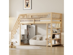 Cama alta 90x200 cm en madera maciza con barandilla de seguridad, armario, estantes y almacenaje, escalera de seguridad, multifunción, color madera.