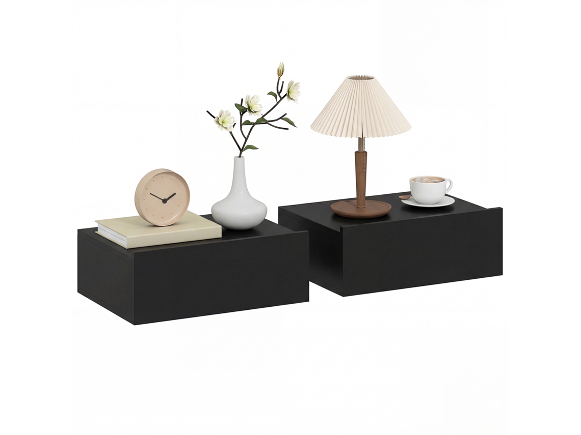 2 Mesitas De Noche De Pared Con 1 Cajón, Tamaño Dormitorio 40x30x15, Negras