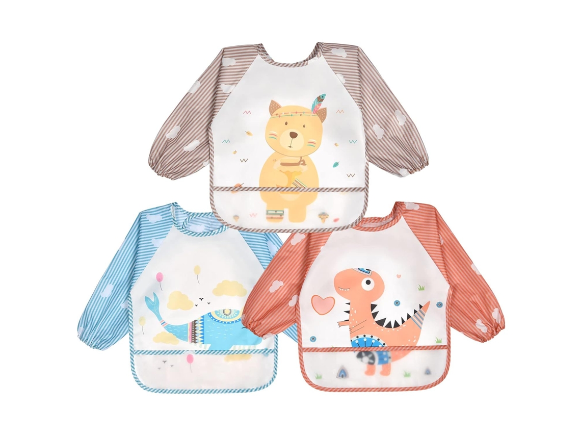 Conjunto 3 Babadores Com Mangas Compridas, À Prova D‘água, Estilo Animal – Para Comer, Pintar, Brincar