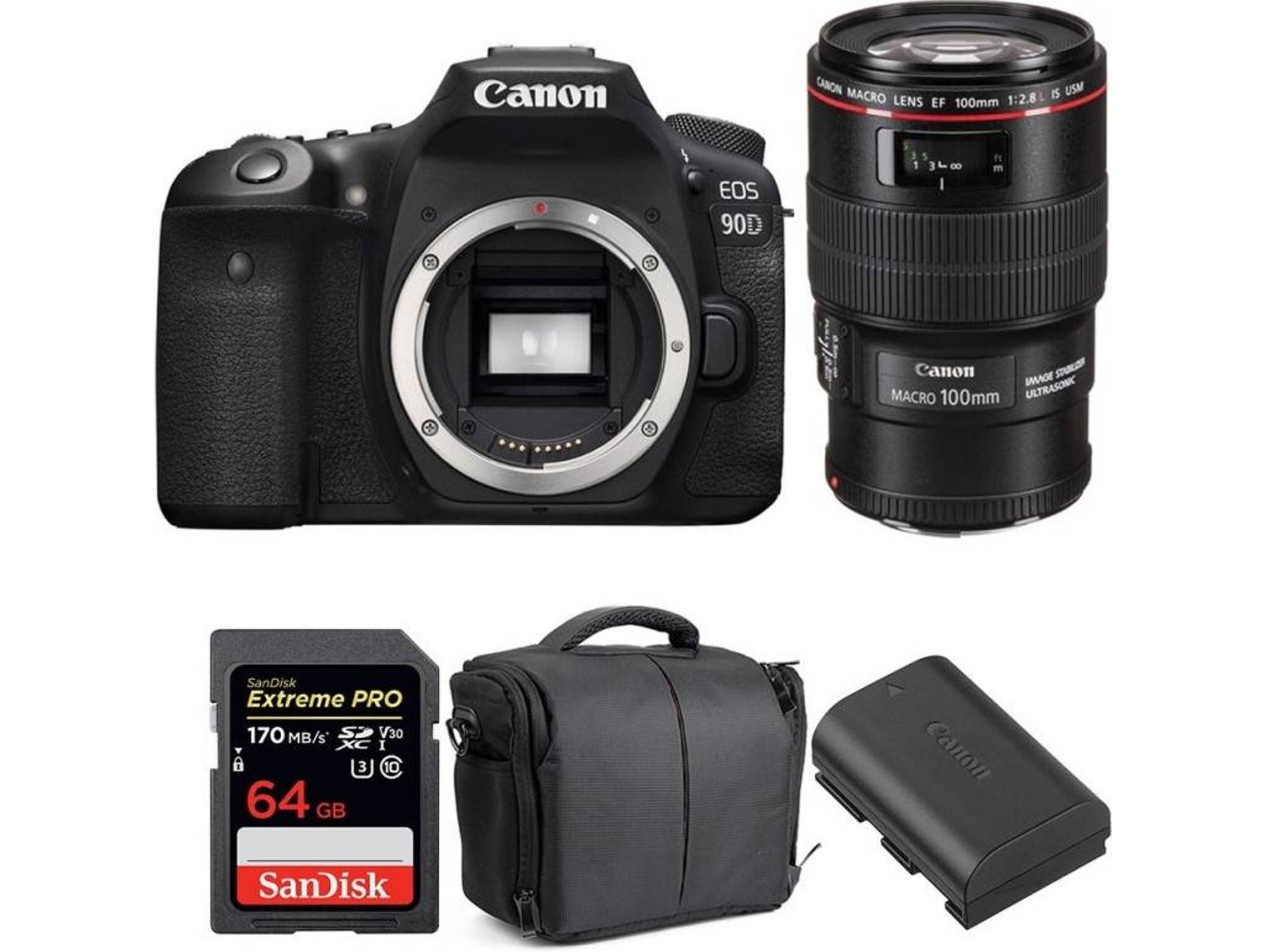Kit Cámara CANON EOS 90D + EF 100mm f/2.8L Macro IS USM + SanDisk 64 GB + Batería + Bolsa (APS-C)