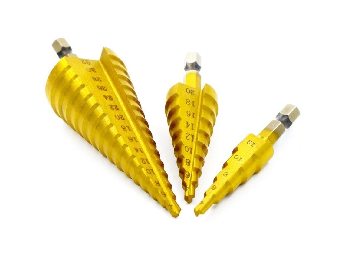 Set De 3 Brocas Escalonadas Hss Con Recubrimiento De Titanio, Mango Hexagonal Universal 4-12/20/32mm Para Plástico Madera Pvc