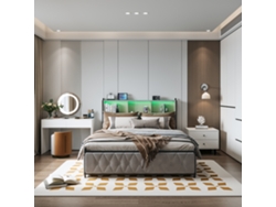 Cama Tapizada 180x200 Cm, Cama De Matrimonio Con Iluminación Led Y Conexión Usb, Con 4 Cajones Y Cabecero Con Almacenaje, Terciopelo Beige