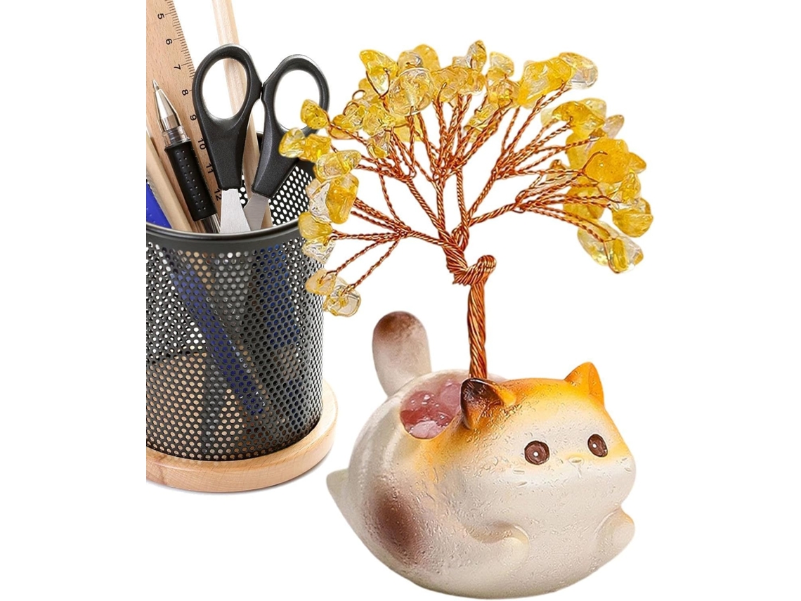 Decoración Escritorio Forma Árbol Cristal Linda Figura Gatito Citrino Salpicadero Coche Oficina Hogar Estudio