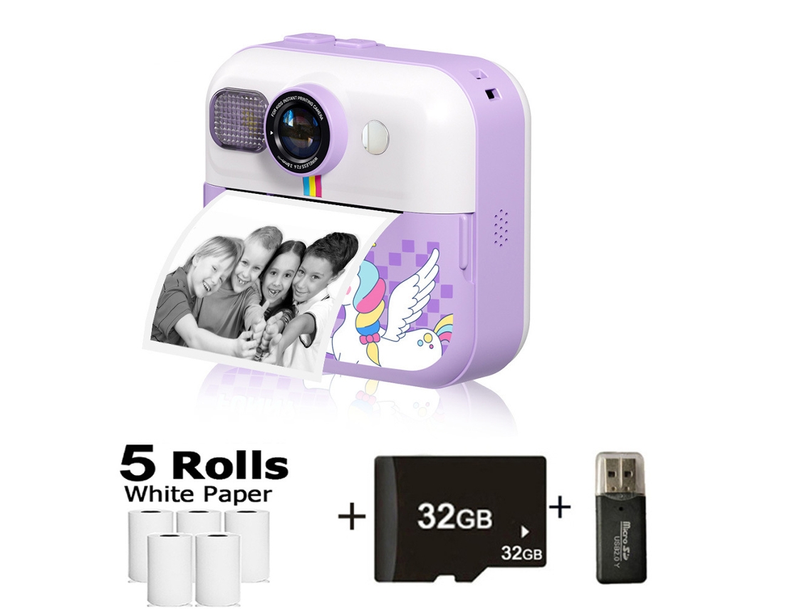 Cámara instantánea Gertiz para niños, 1080p, HD, con impresión térmica y tarjeta de 32 g, color morado