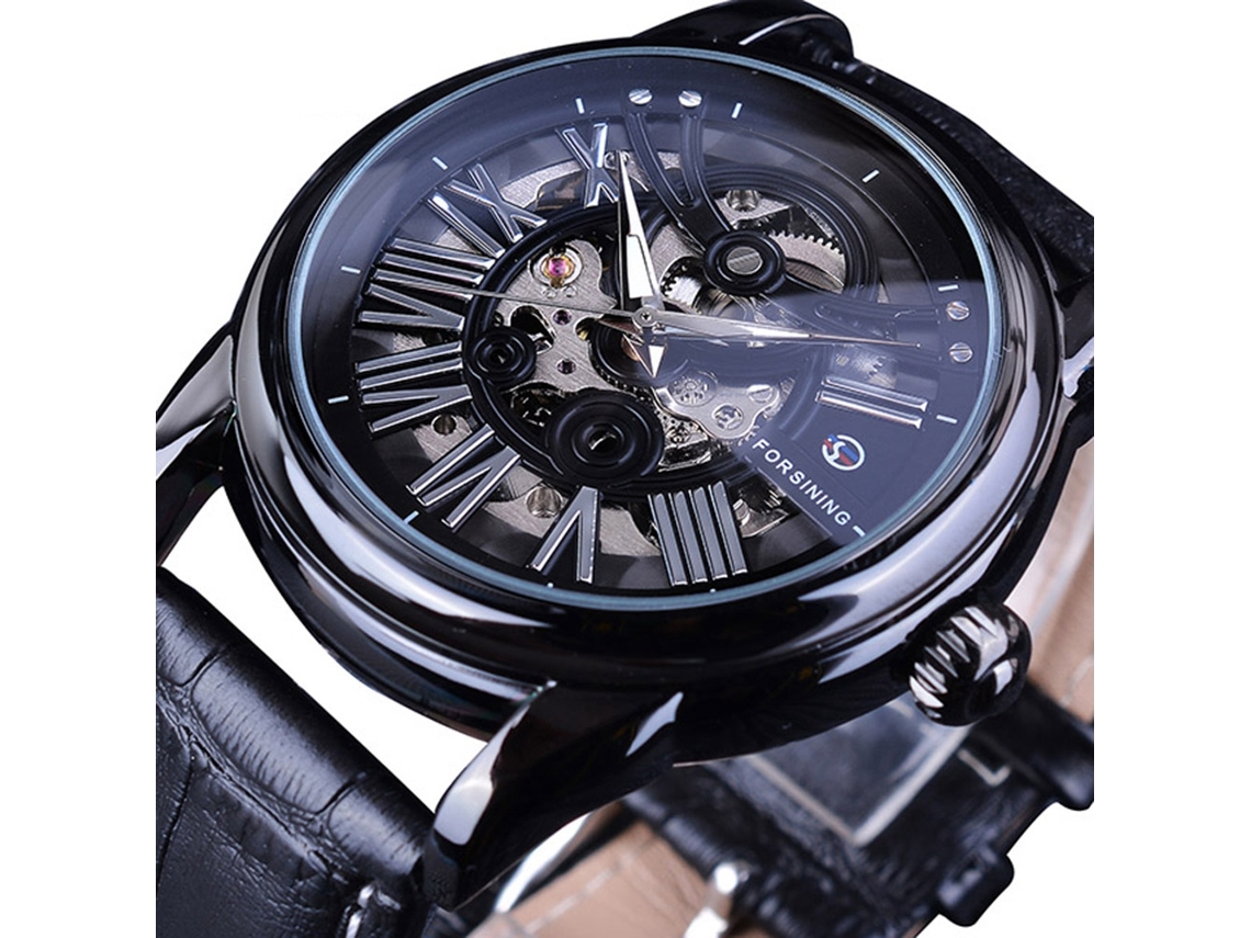 Reloj Mecánico Automático Para Hombre Con Esfera Perforada Y Correa De Piel Sintética Negra.