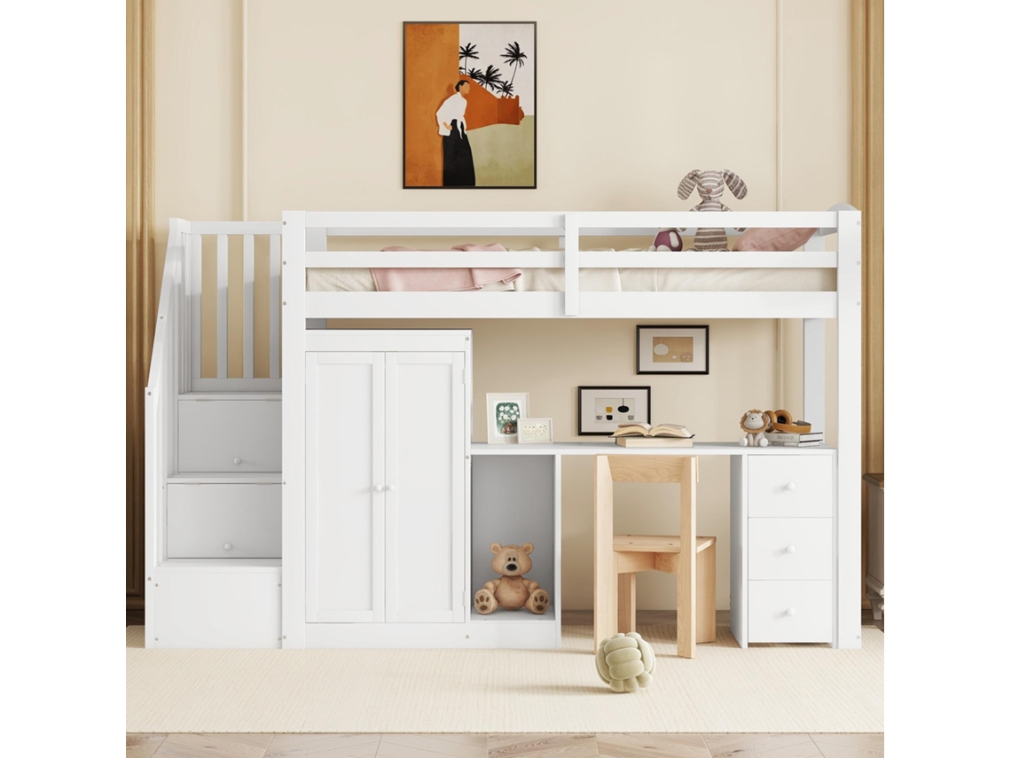 Cama alta de madera de 90 x 200 cm con armario, escritorio y escalera de almacenaje en color blanco.