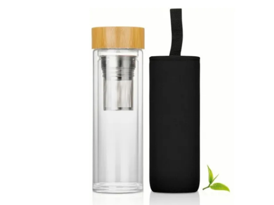 Botella De Té Alta De Vidrio Borosilicato Con Infusor, 400 Ml, Doble Pared Aislada Con Manguera Protectora.