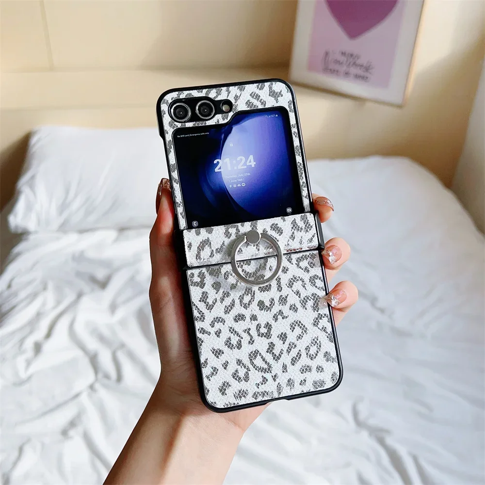 (blanco, Galaxy Z Flip3 5g) Funda De Cuero Personalizada Con Estampado De Leopardo, Resistente A Caídas, Con Soporte De Anillo.
