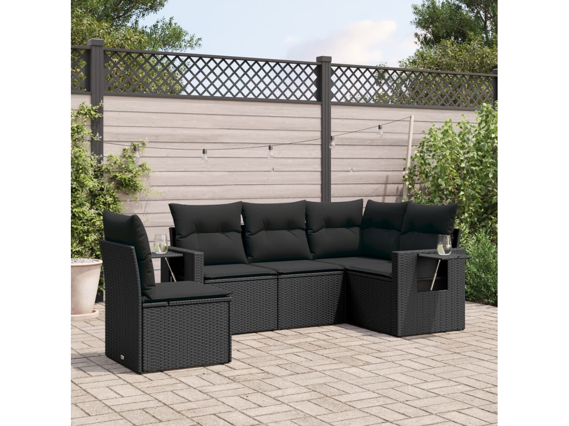 Conjunto de sofá de jardín de 5 piezas con cojines de mimbre sintético negro, Dkd Home Decor