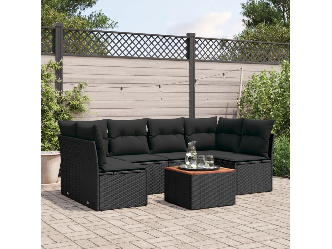 Conjunto de sofá de jardín de 7 piezas con cojines, ratán negro, Dkd Home Decor