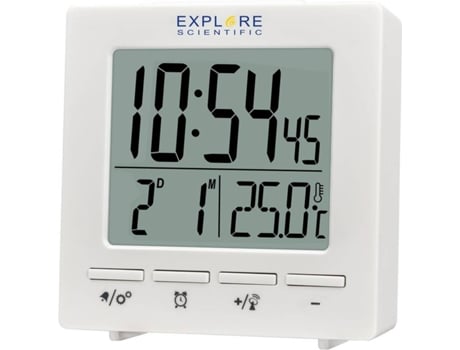 Explore Scientific Rdc1005 reloj viaje radio controlado por doble alarma calendario color blanco despertador rc digital temperatura interior mini medidor