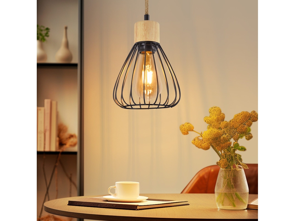 Zmh Lámpara Colgante Para Comedor, Estilo Retro, De Cuerda De Cáñamo Negra, De Madera, E27, Para Escalera