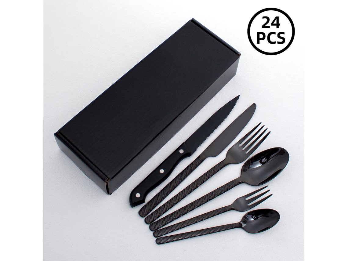 (juego De 24 Piezas - Negro) Juego De Cubiertos De Acero Inoxidable 304 (cuchillo, Tenedor, Cuchara)