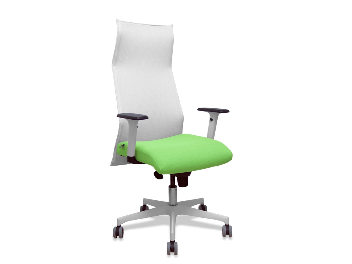 Sillón Albacete con mecanismo Synchro, tapizado en tela color pistacho y malla blanca.