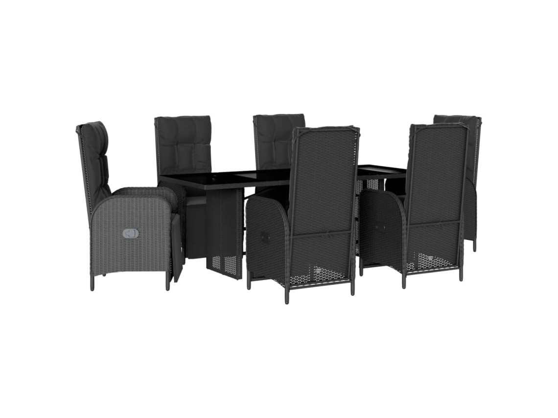 Juego de 7 piezas de comedor de jardín con cojines de mimbre, color negro, EXCLUSIVA DE LA CASA