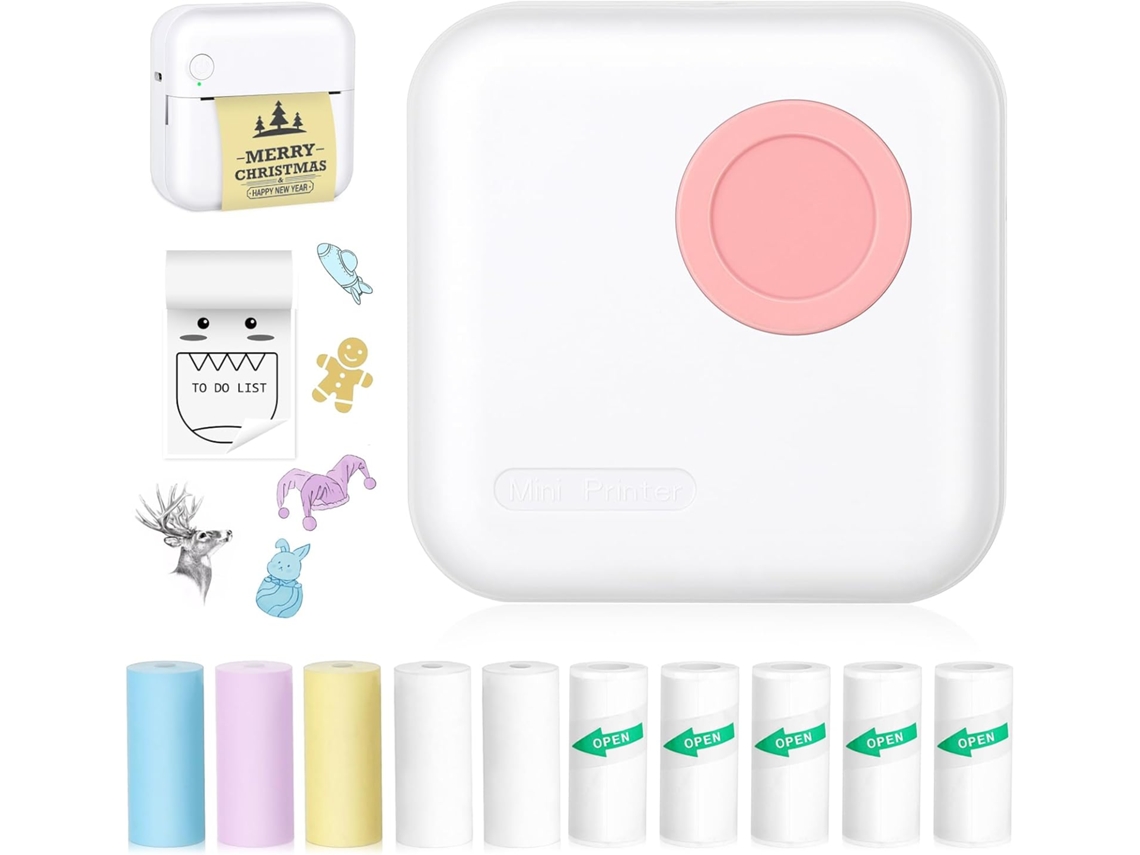 Impresora Térmica Sin Tinta Con 10 Rollos De Papel Térmico Y Adhesivos Para Ios Y Android Rosa SIURN