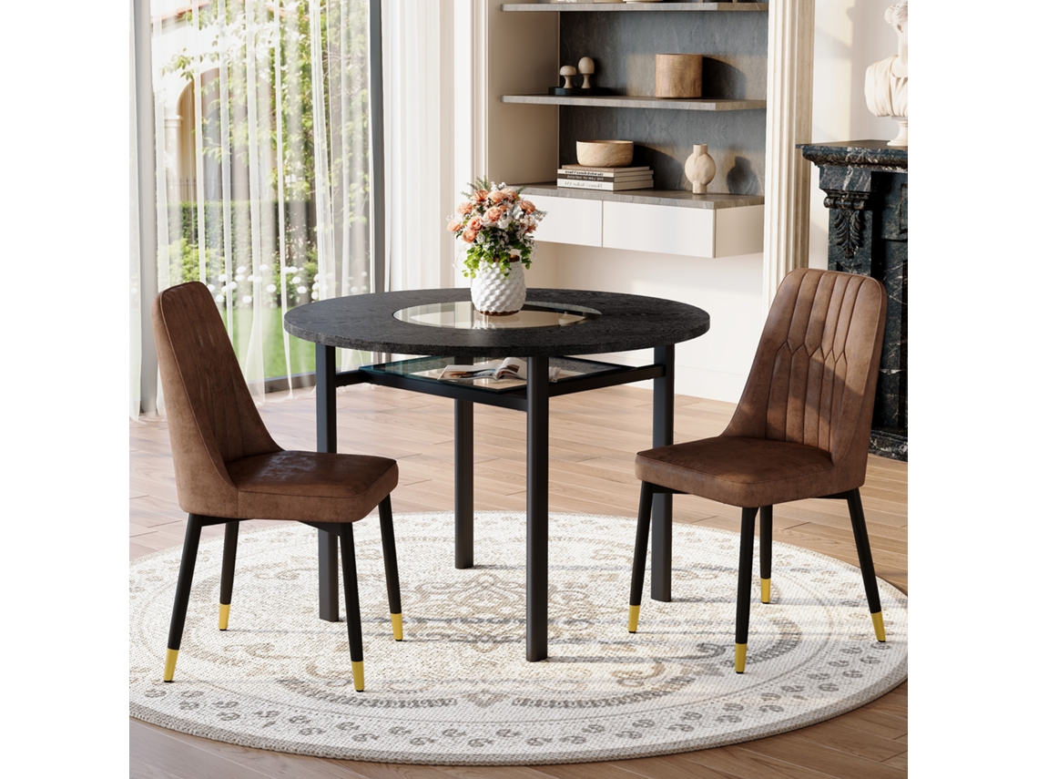 Conjunto De Mesa Redonda De Madera (100 Cm) En Color Negro, 2 Sillones Con Tapicería De Tela Marrón Y Metal Negro.