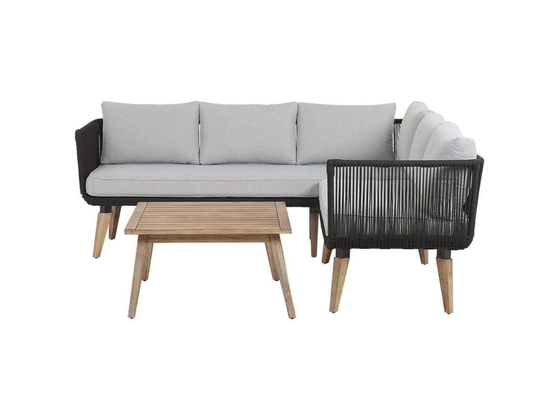 Conjunto de sala de estar esquinero 5 plazas de madera de acacia negro/madera clara/gris pardo BELIANI Alcamo