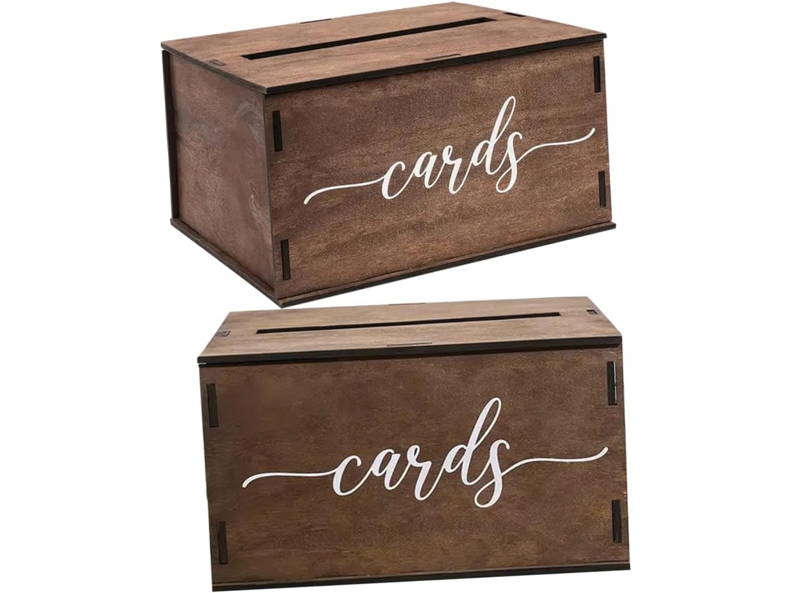 Juego de 2 cajas rústicas de madera para tarjetas con compartimentos para sobres, ideales para recepciones de boda. SFUSHOS