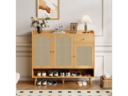 Zapatero De Ratan Natural 120x106x35 Cm - 3 Puertas, 1 Cajón, 5 Estantes, Madera Maciza