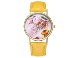 Reloj Unisex Informal De Cuarzo Con Correa De Piel Sintética Y Esfera Redonda Amarilla.