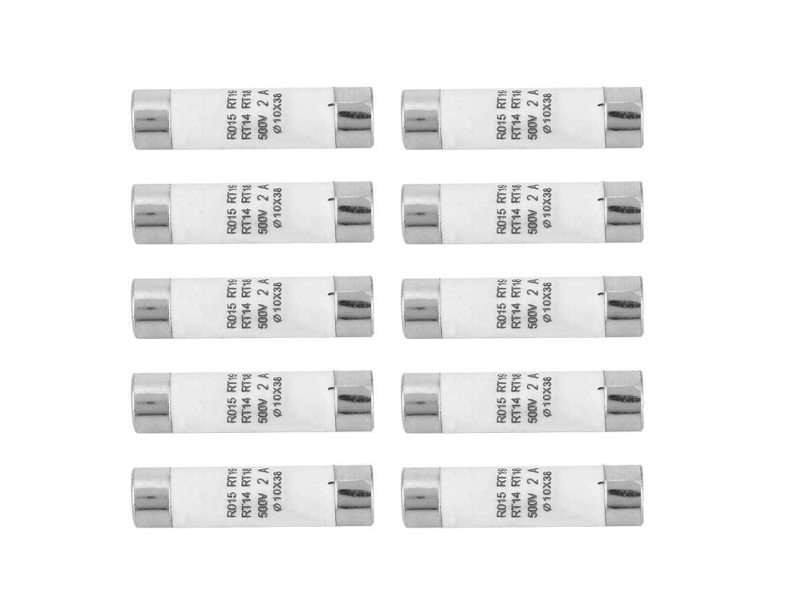 10 Fusibles Cilíndricos Rt14-20 De 10x38 Mm, 380-500 Vca, 2 A, Con Indicador, 100 Ka.