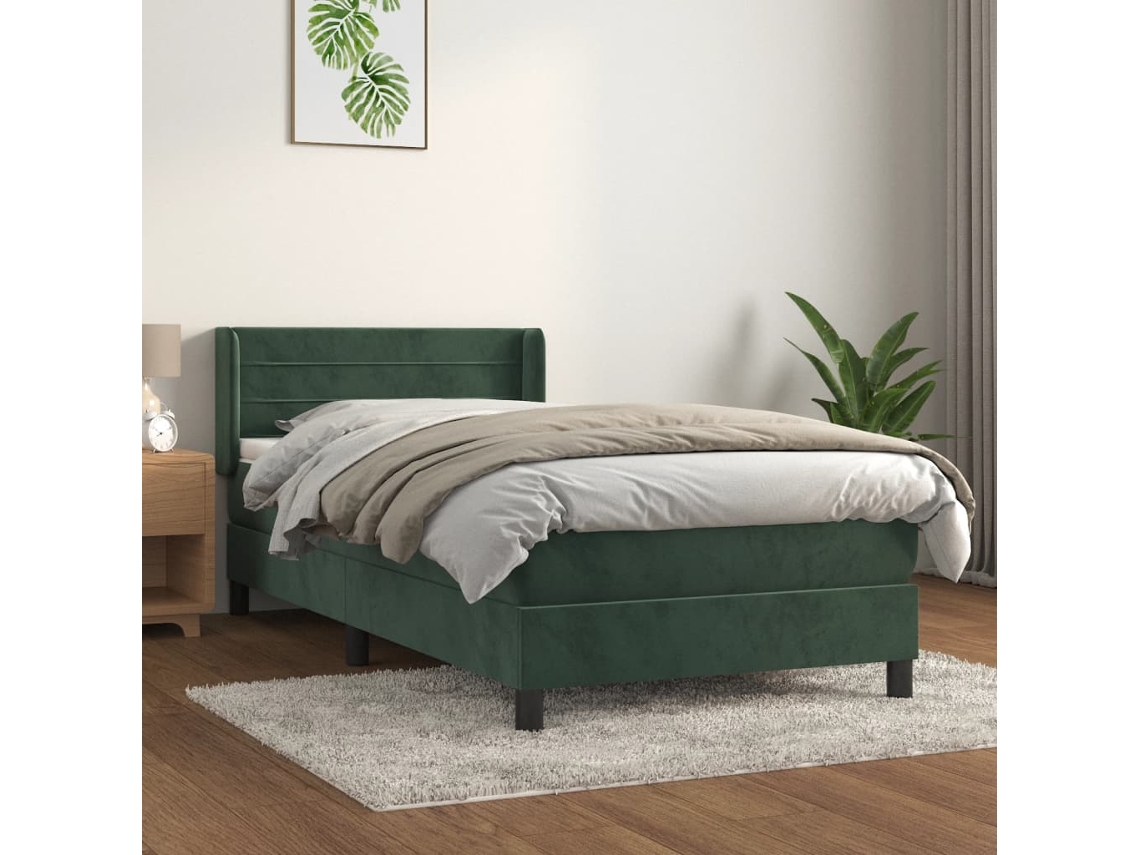 Cama Box Spring Con Colchón Terciopelo Verde Oscuro 100x200 Cm