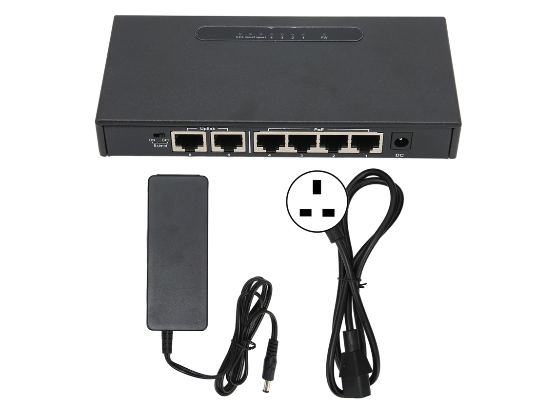 Switch PoE de 6 portas com detecção inteligente de corrente de 250m e velocidade de transferência de 10/100Mbps, com gabinete metálico.