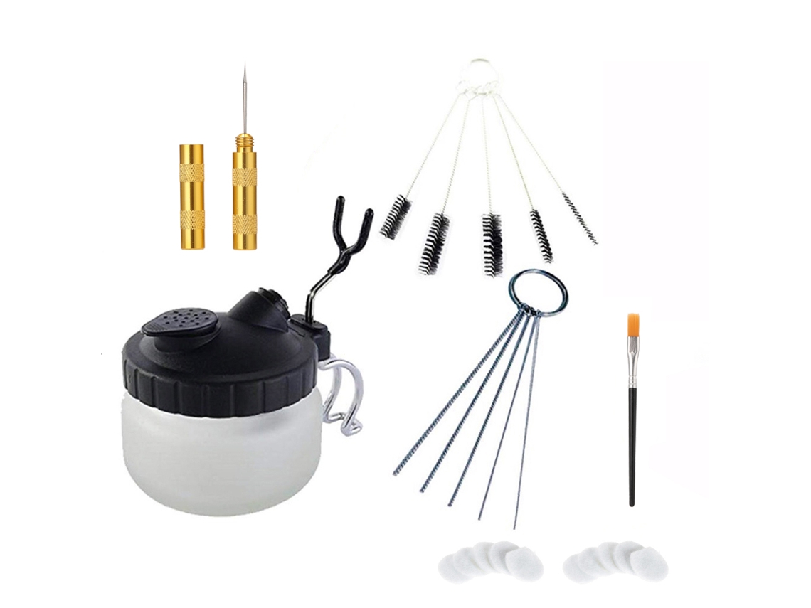 Kit De Herramientas Para La Limpieza De Aerógrafos Con Recipiente, Soporte, Cepillos Y Agujas.