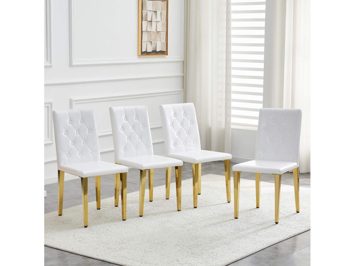 Juego De 4 Sillas De Comedor Blancas Con Detalles Dorados Y Patas Doradas.