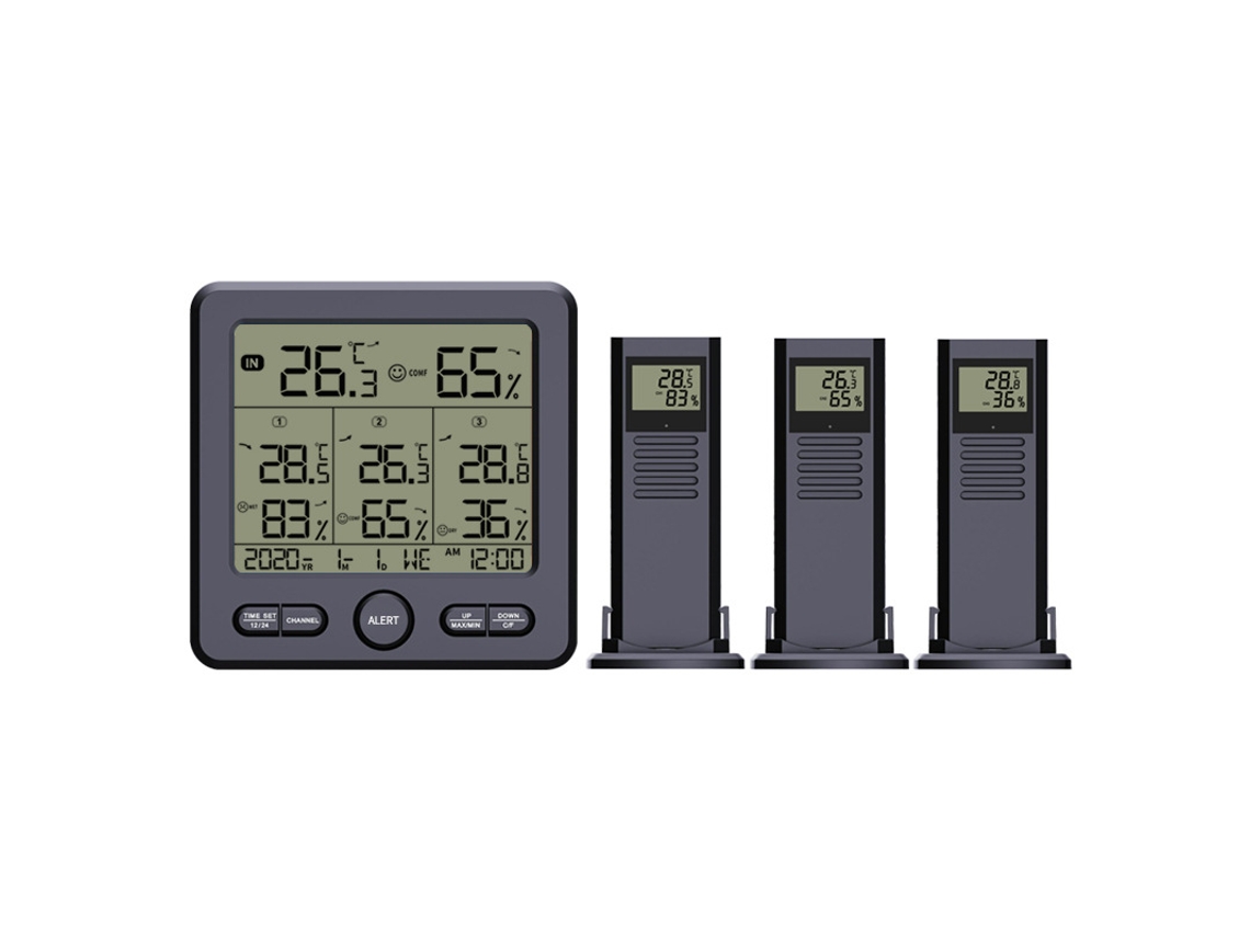 Termómetro digital inalámbrico para uso en interiores y exteriores, con retroiluminación del sensor remoto y calibración de alarma.