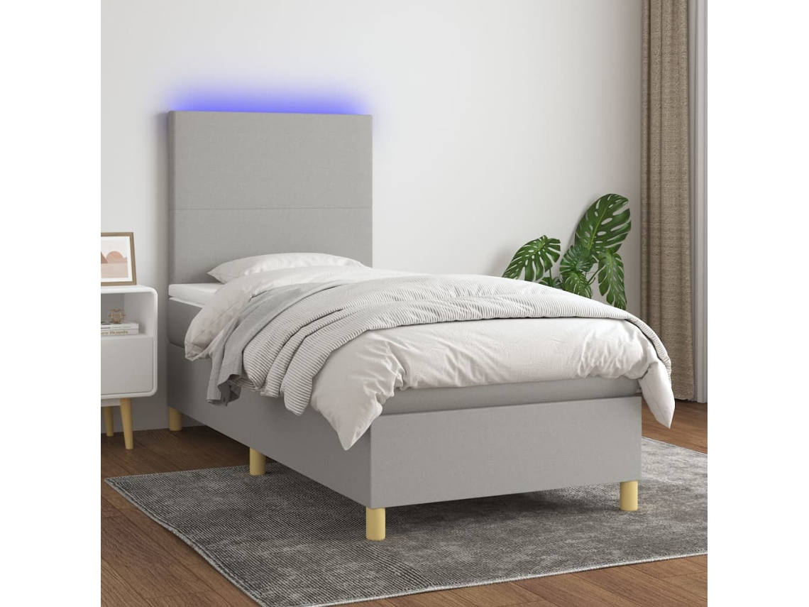 Cama box spring colchón y luces LED tela gris claro 90x200 cm