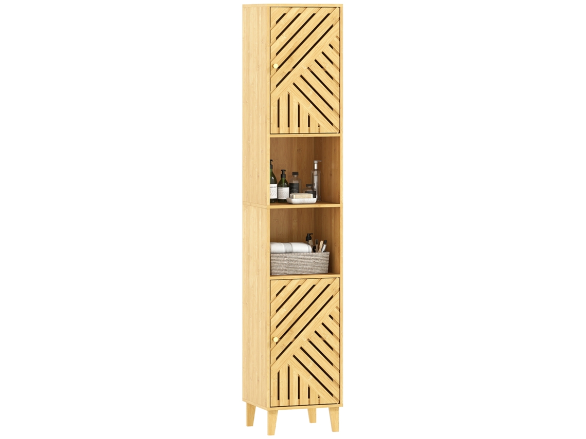 Armario de baño alto, puertas de bambú, estantes ajustables, 32x30x170cm, madera natural.