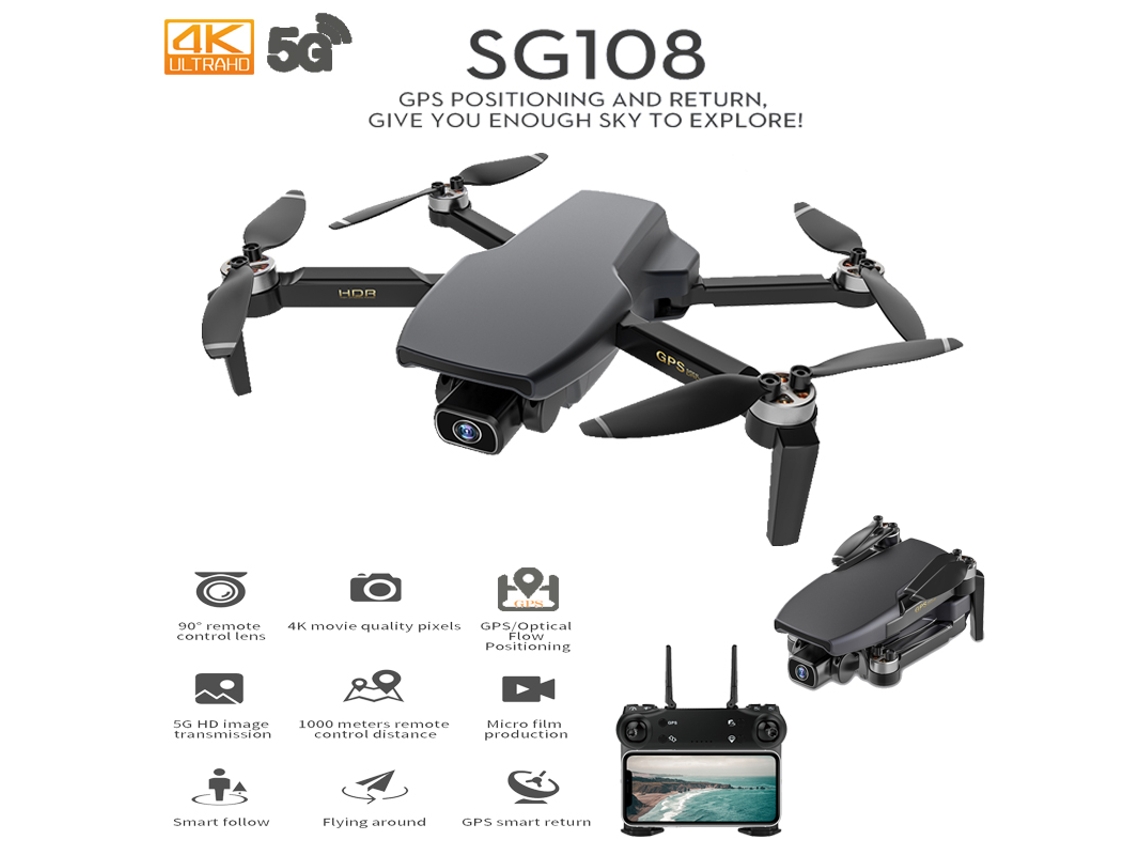 Dron de control remoto SG108 con cámara 4K HD (Duración de la batería: 25 min - Negro) YIZHOOD