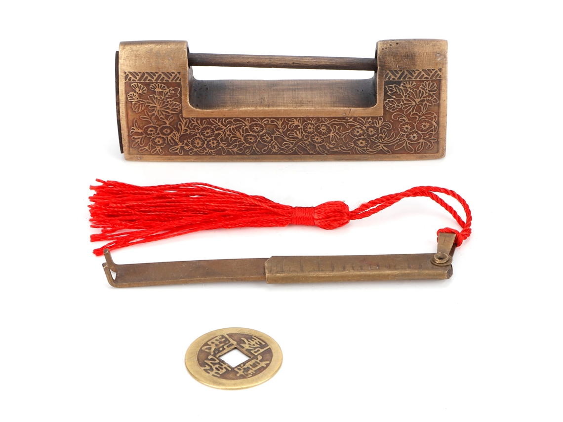 Candado antiguo de cobre, estilo chino, grabado delicado, 5 cm