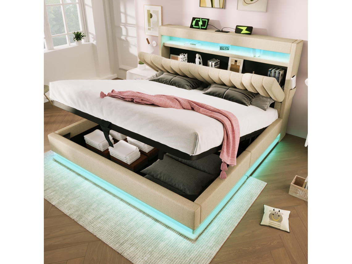 Cama Doble 180x200 Cm Con Cabecero, Almacenamiento, Led, Usb-c, Hidráulica, Beige, Sin Colchón.