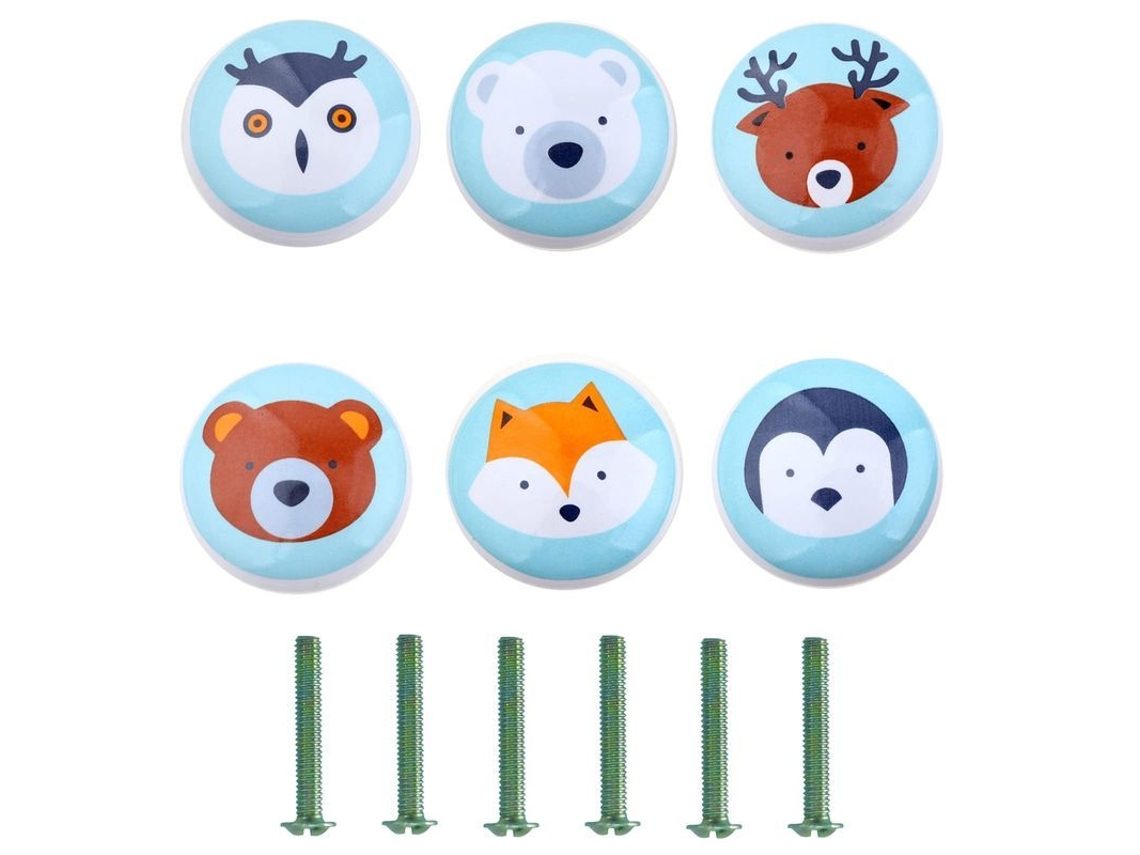 6 Tiradores De Porcelana Con Estampados De Animales, Pomos Adorables Para Cajones Y Armarios, Diseño De Animales De Dibujos Animados.