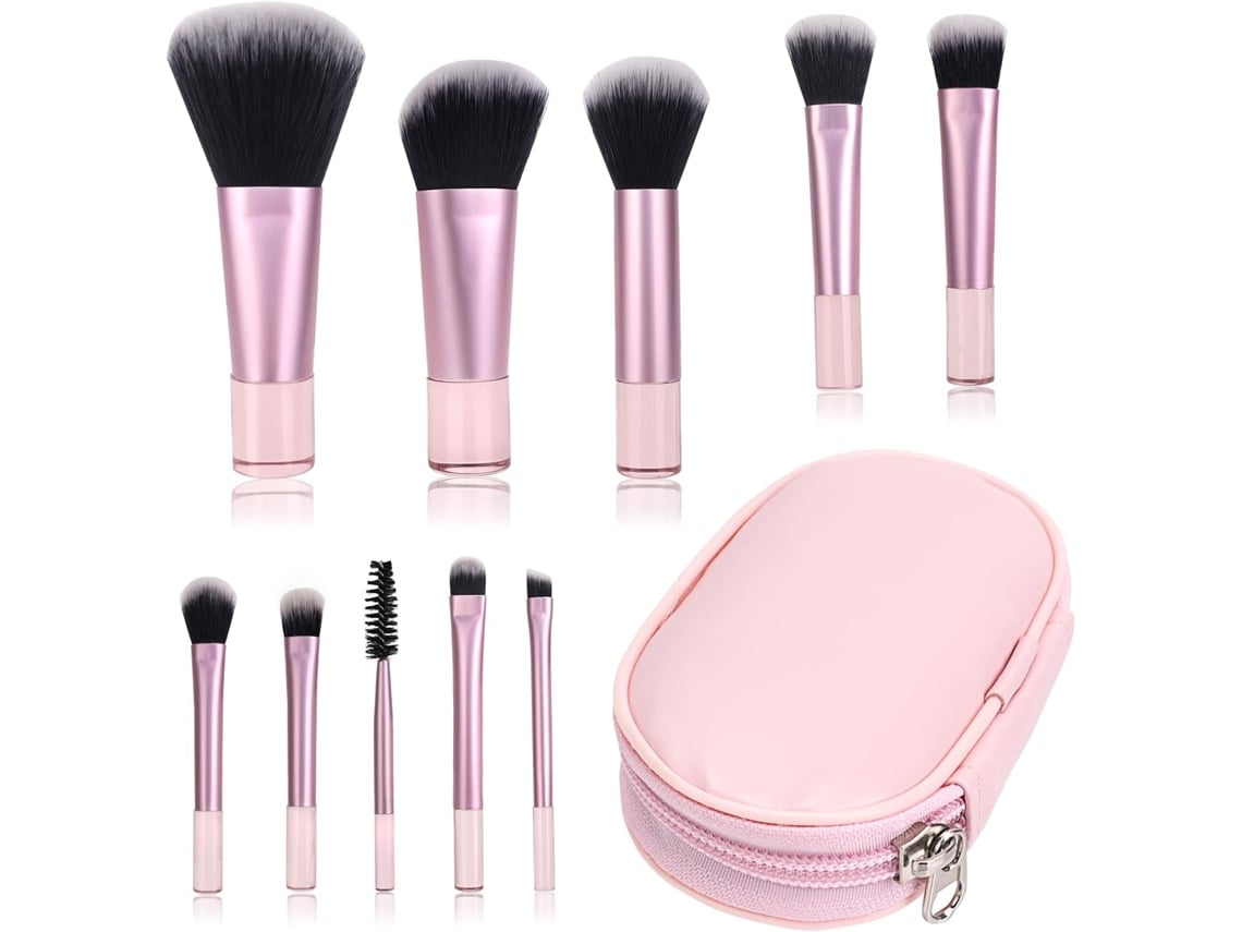 Juego De 10 Mini Brochas De Maquillaje Rosas Con Estuche De Pu, Portátiles Para Viajes/acampadas.