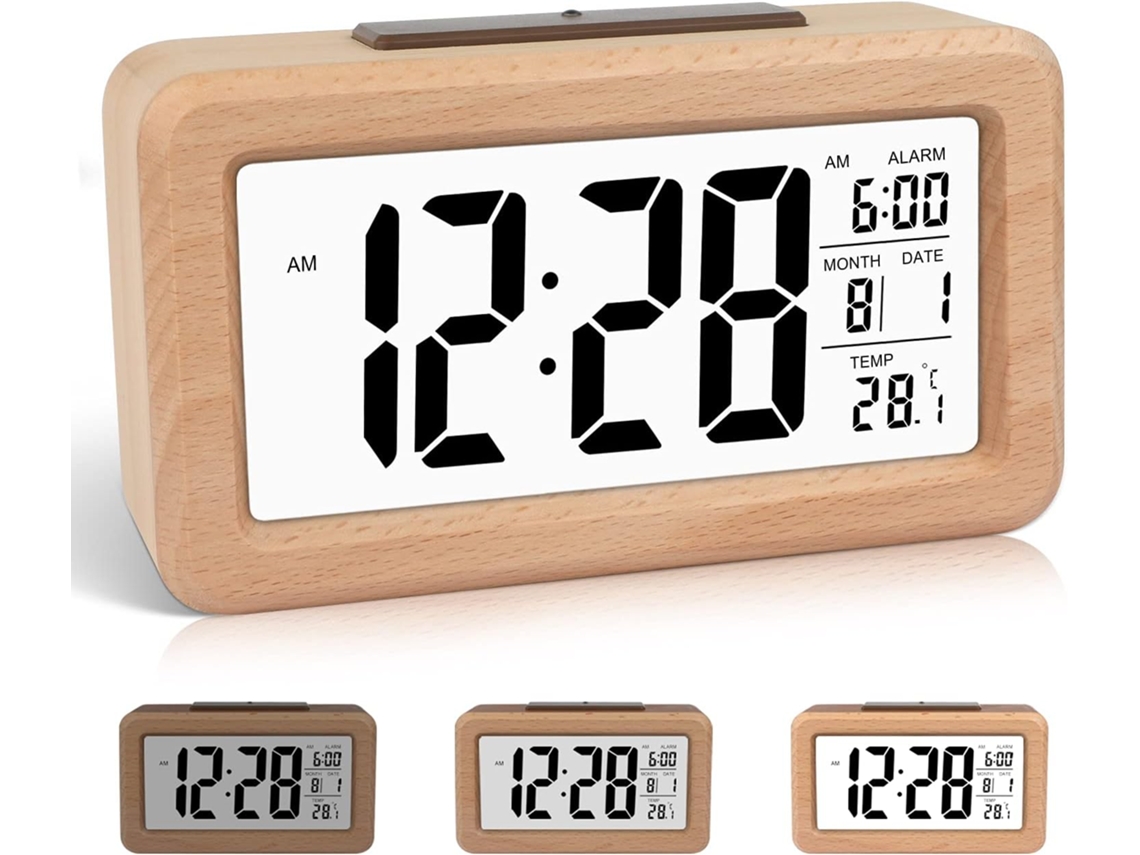 Reloj despertador digital inteligente de madera maciza con diseño único de vetas de madera, alarma ascendente, pantalla LCD grande y clara para hora y fecha.