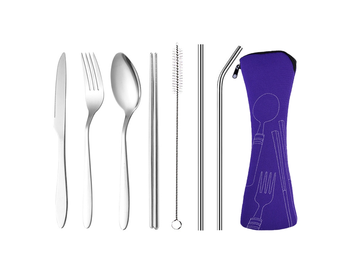 Juego de cubiertos portátiles de 7 piezas con estuche - Utensilios de viaje de acero inoxidable TRUYUETY