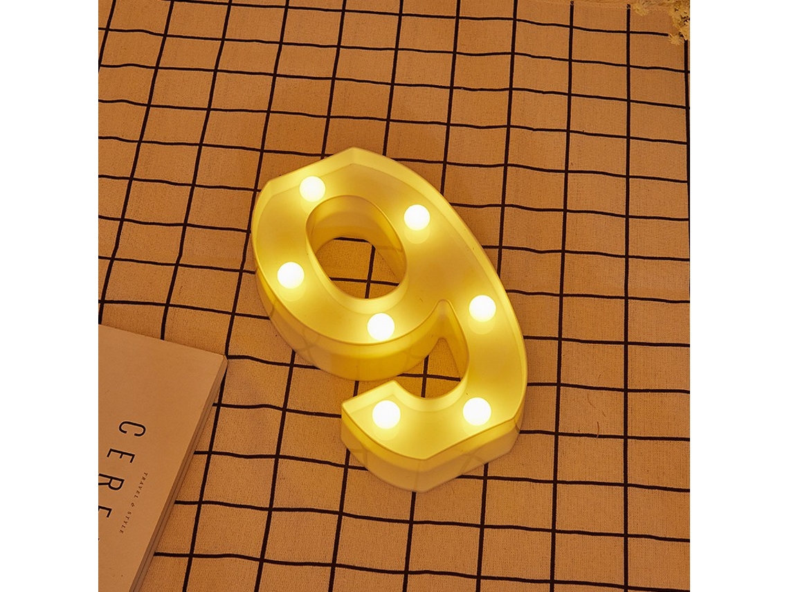 Letra LED 9 Número Iluminado con Luz Blanca Cálida, Altura 22cm, Funcionamiento a Pilas 2*AA